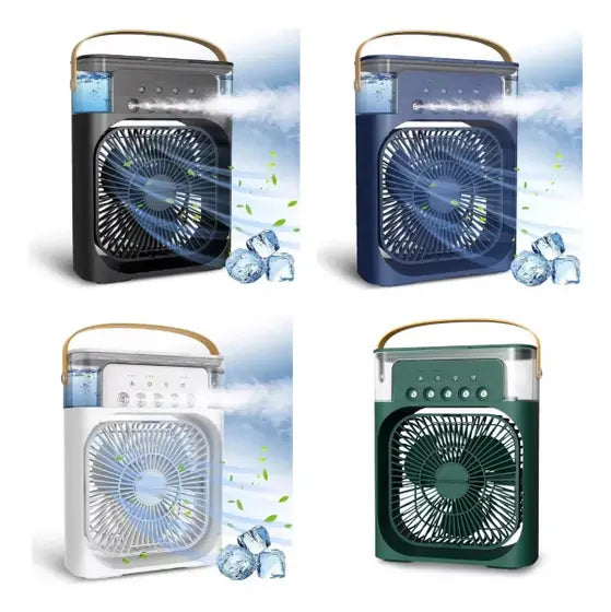 Ventilador 3 em 1 com Umidificador e Climatizador – LED Noturno, Portátil, Ajuste de Ar para Casa ou Escritório