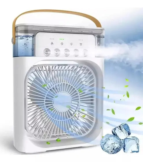 Ventilador 3 em 1 com Umidificador e Climatizador – LED Noturno, Portátil, Ajuste de Ar para Casa ou Escritório
