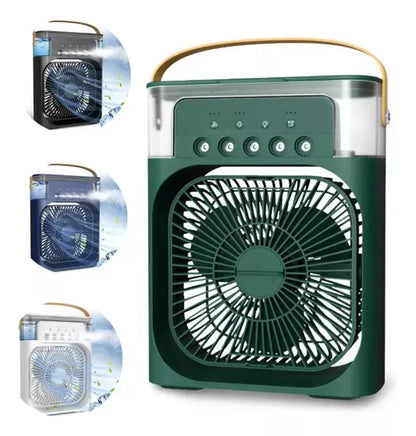 Ventilador 3 em 1 com Umidificador e Climatizador – LED Noturno, Portátil, Ajuste de Ar para Casa ou Escritório