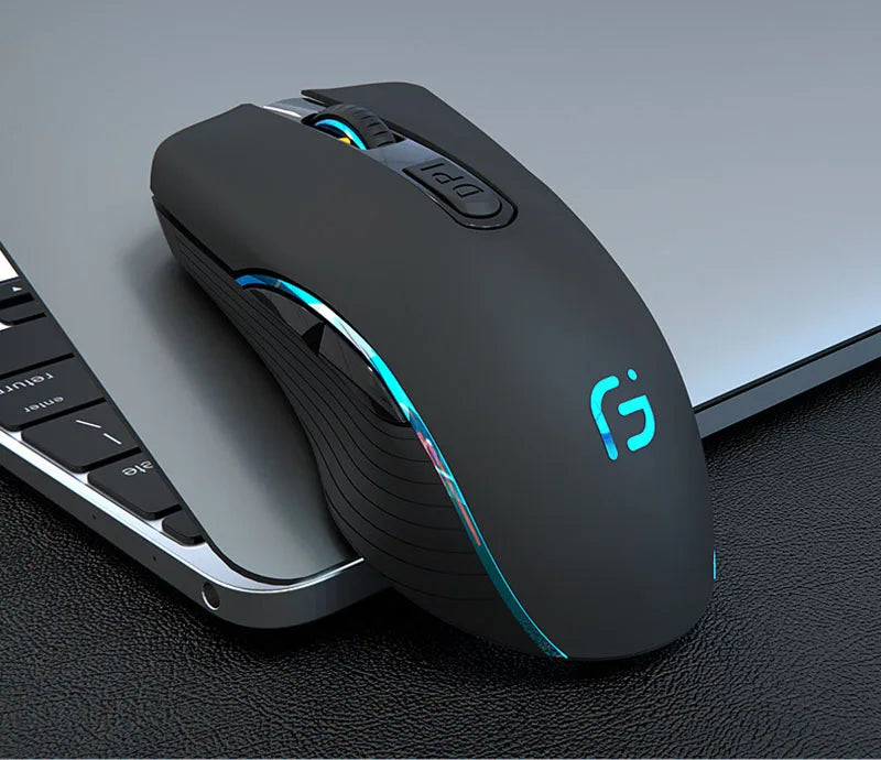 Mouse Gamer Óptico Recarregável – Conexão Dupla Bluetooth + 2.4GHz, 2400 DPI, USB Sem Fio para PC e Notebook