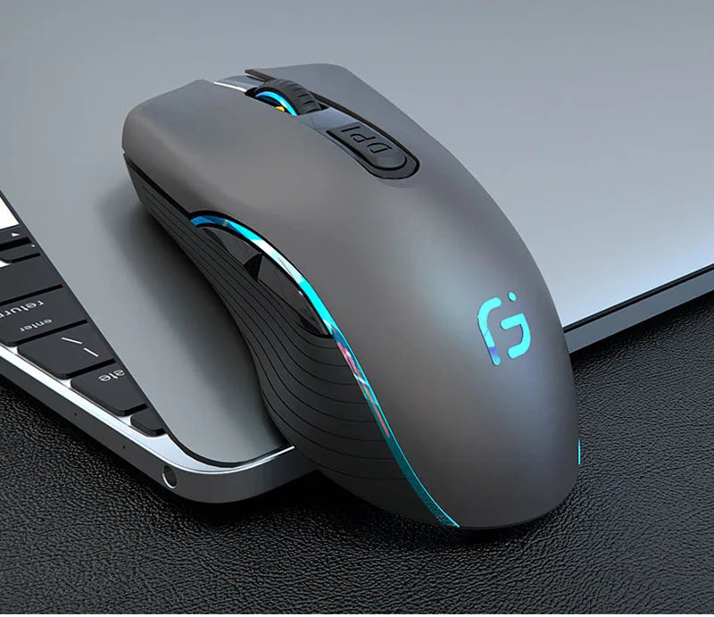 Mouse Gamer Óptico Recarregável – Conexão Dupla Bluetooth + 2.4GHz, 2400 DPI, USB Sem Fio para PC e Notebook