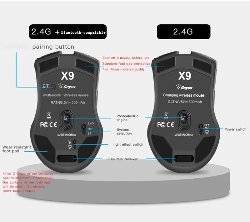 Mouse Gamer Óptico Recarregável – Conexão Dupla Bluetooth + 2.4GHz, 2400 DPI, USB Sem Fio para PC e Notebook