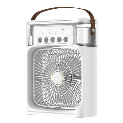Ventilador 3 em 1 com Umidificador e Climatizador – LED Noturno, Portátil, Ajuste de Ar para Casa ou Escritório