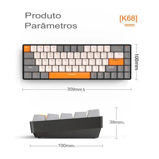 Teclado Gamer 60% Wireless Ziyoulang K68 – Bluetooth + USB, Switch Red, Hot-Swap, Para Celular, PC e iPad